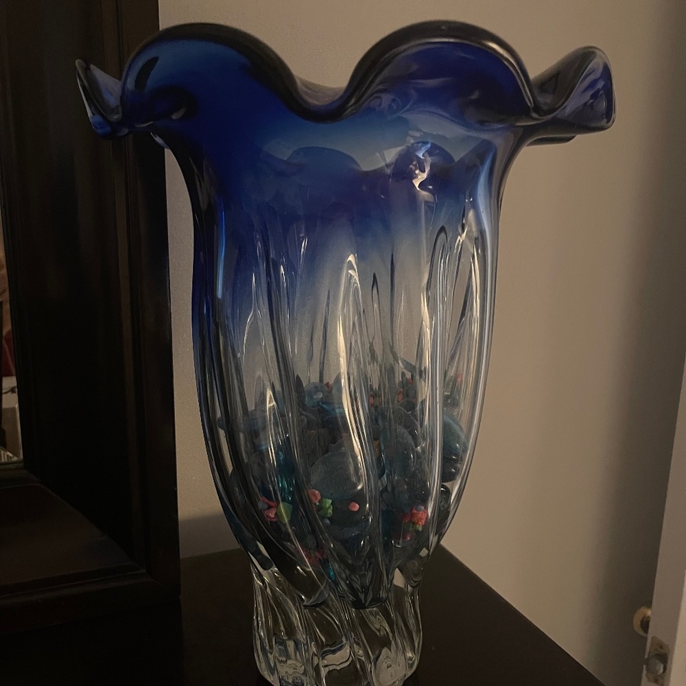 Blue vase with pebbles
